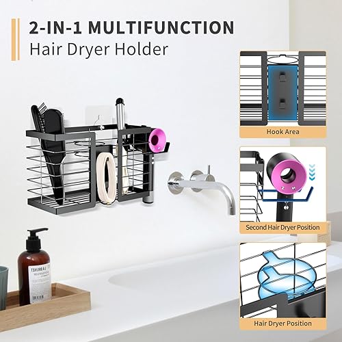 Miniatura 3 de Organizador de herramientas para el cabello, soporte para secador de pelo, 3 en 1, organizador de metal para secadora de baño, soporte de pared para