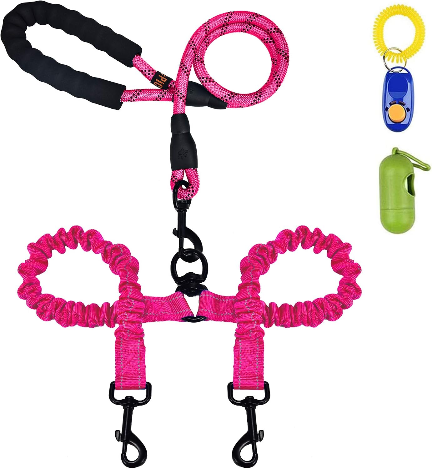 U-pick Dual Dog Leash, Double Dog Leash, 360 Swivel No Tangle Double Dog Walking Training Leash, Comfortable Shock Absorbing Reflective Bungee for Two Dogs, Pink, Medium Large