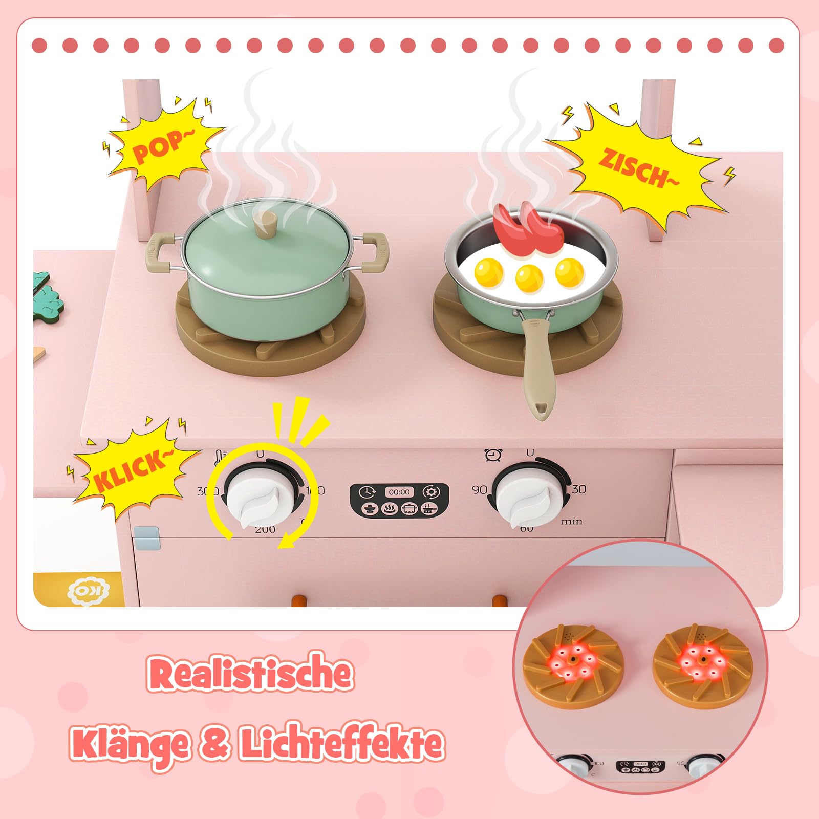 COSTWAY Kinderküche mit Licht und Sound, Eck Spielküche mit ausziehbarer Arbeitsplatte, Spüle, Herd, Ofen & Kühlschrank, Spielzeugküche inkl. Zubehör & Stoffkörben, für Kinder ab 3 Jahren (Rosa)
