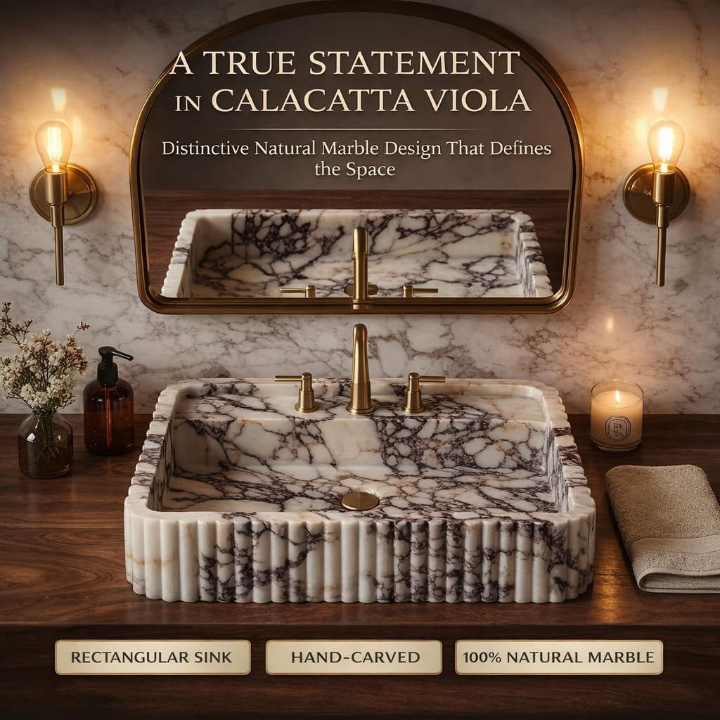 Calacatta Viola Marble Sink – Hand-Carved Floating Stone Basin | Custom Size Vessel Sink | Wall-Mounted or Vanity Top Sink | Bathroom, Powder Room Basin & Farmhouse Kitchen Sink