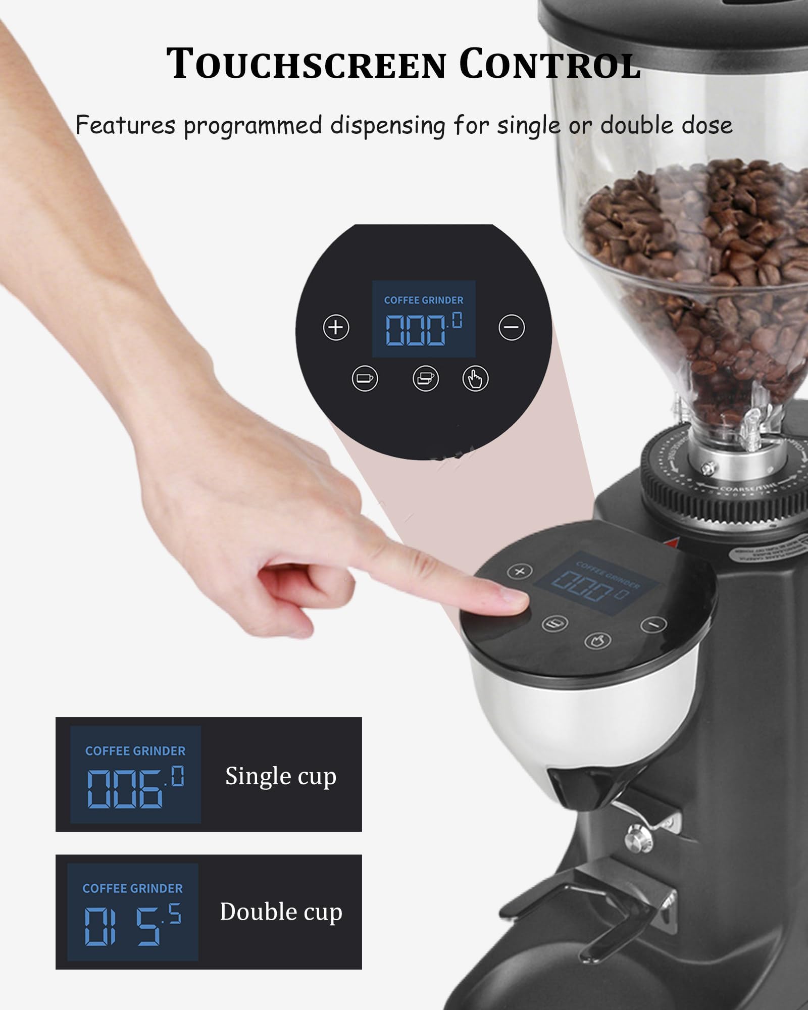 Elektryczny młynek do kawy żarnowy 500g, płaski żarnik 60mm z 19 precyzyjnymi ustawieniami, cyfrowe sterowanie z ekranem dotykowym, młynek dozujący espresso do kawiarni domowej, 22x14x47cm white