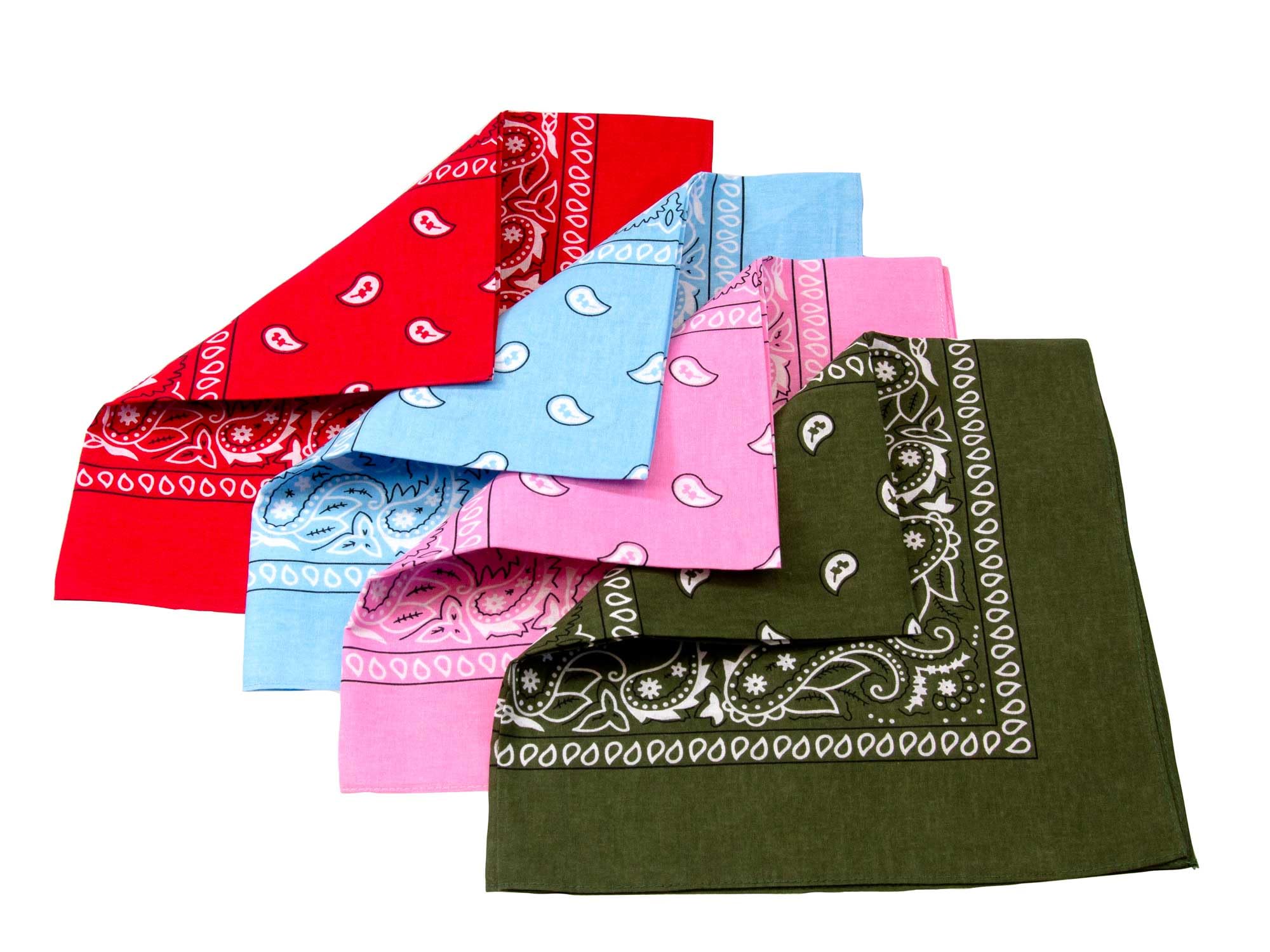 Cathcart Elliot Unisex Mixed Large Paisley Pattern Cotton Hankies, 21" Square, 4 Pack, Green, Red, Blue And Pink Neckerchief Bandana Handkerchief