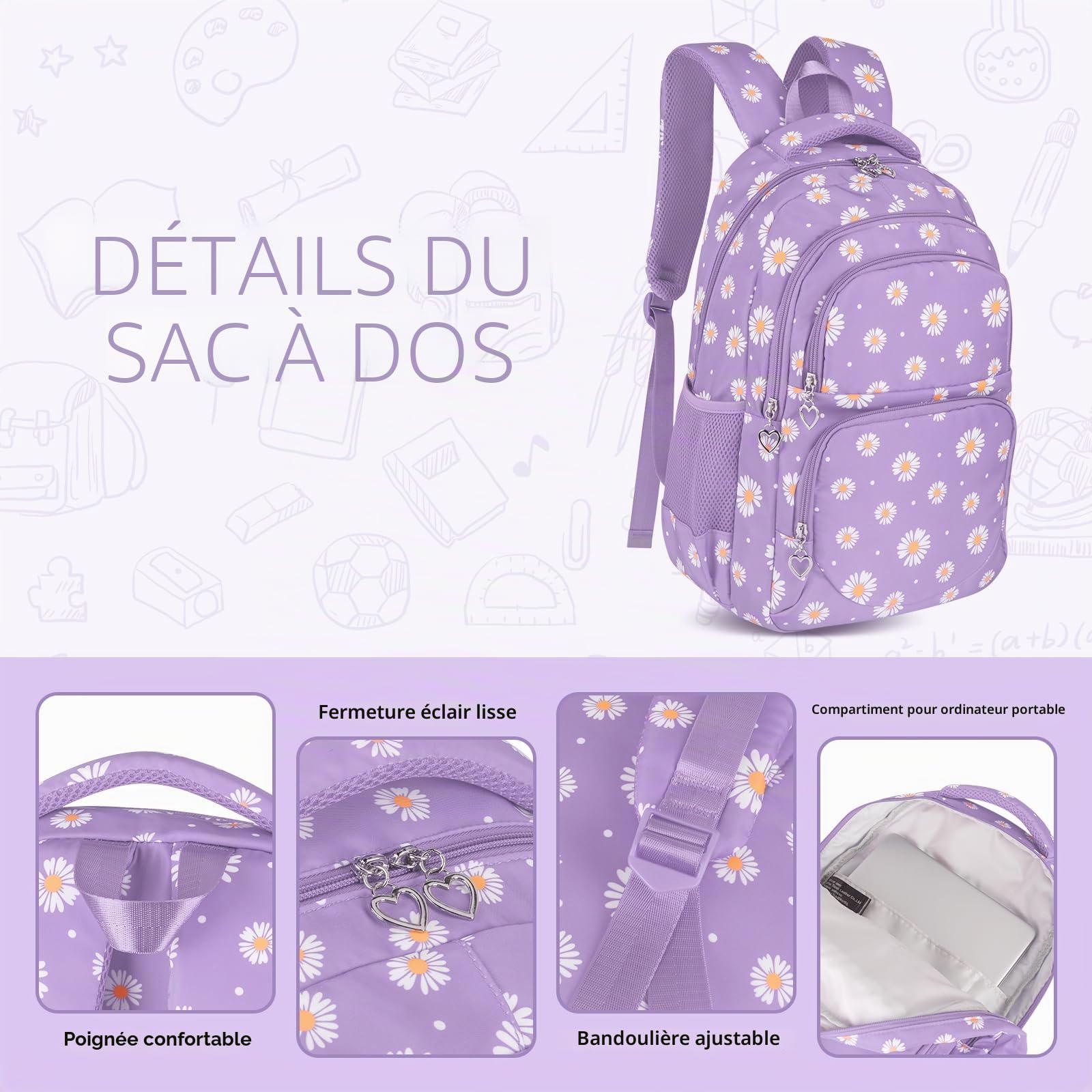 Ensemble de sac à dos d'école imprimé marguerite 3 pièces résistant à l'eau léger pour adolescents filles garçons