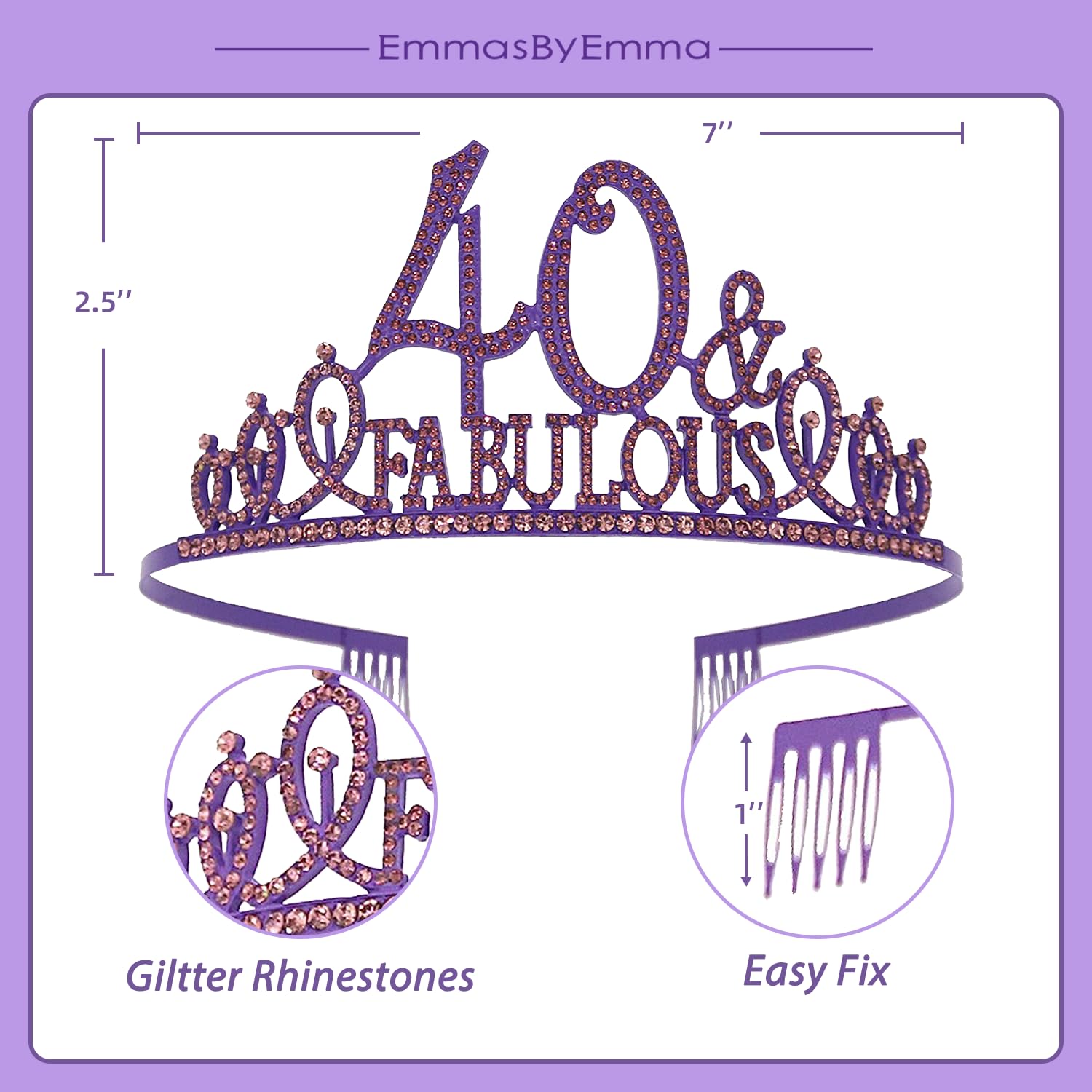 40th Birthday Sash and Tiara for Women - Fabulous Glitter Sash + Fabulous Rhinestone Purple Premium Metal Tiara for Her, 40th Birthday Gifts for 40 Party