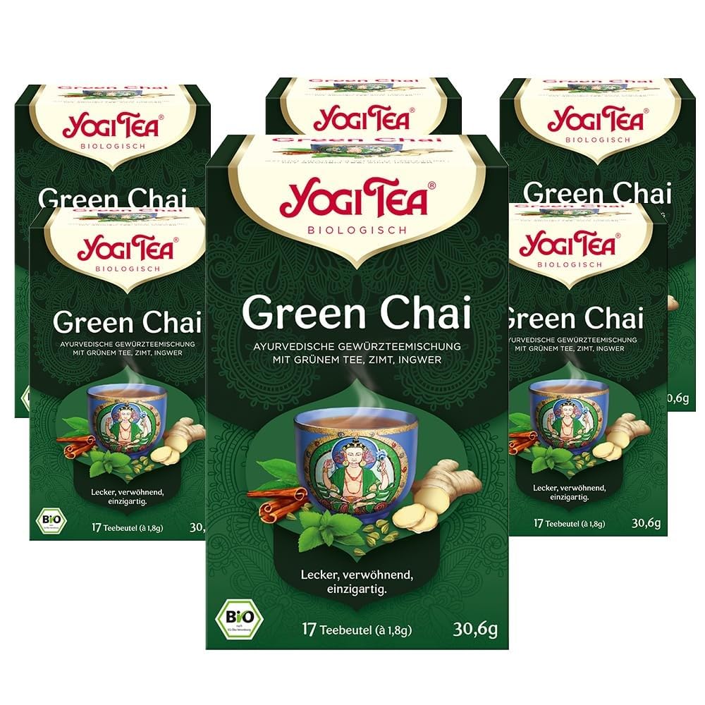 Yogi Tea Green Chai, Ayurvedischer Bio Gewürztee, Mischung aus Zimt, Krauseminze, Grüner Tee, Ingwer, Kardamom und Nelken, 6x17 Beutel (102 Teebeutel insgesamt)
