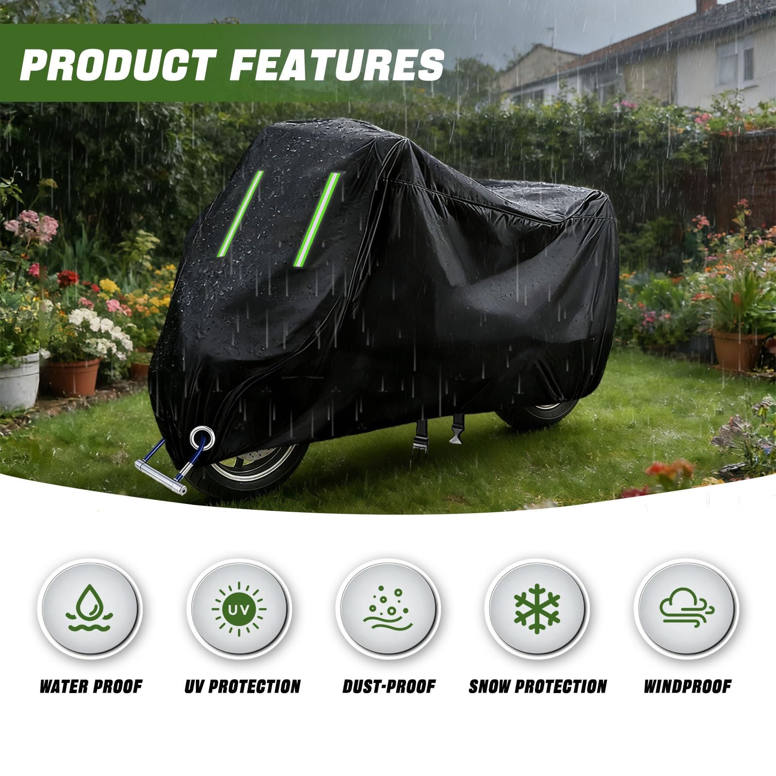 Funda Moto para Royal Enfield Classic 350 2022-2024|Funda Moto Todas Estaciones Lluvia Polvo para Almacenamiento Exterior | Accesorios con Tiras Reflectantes y Agujeros para Candado