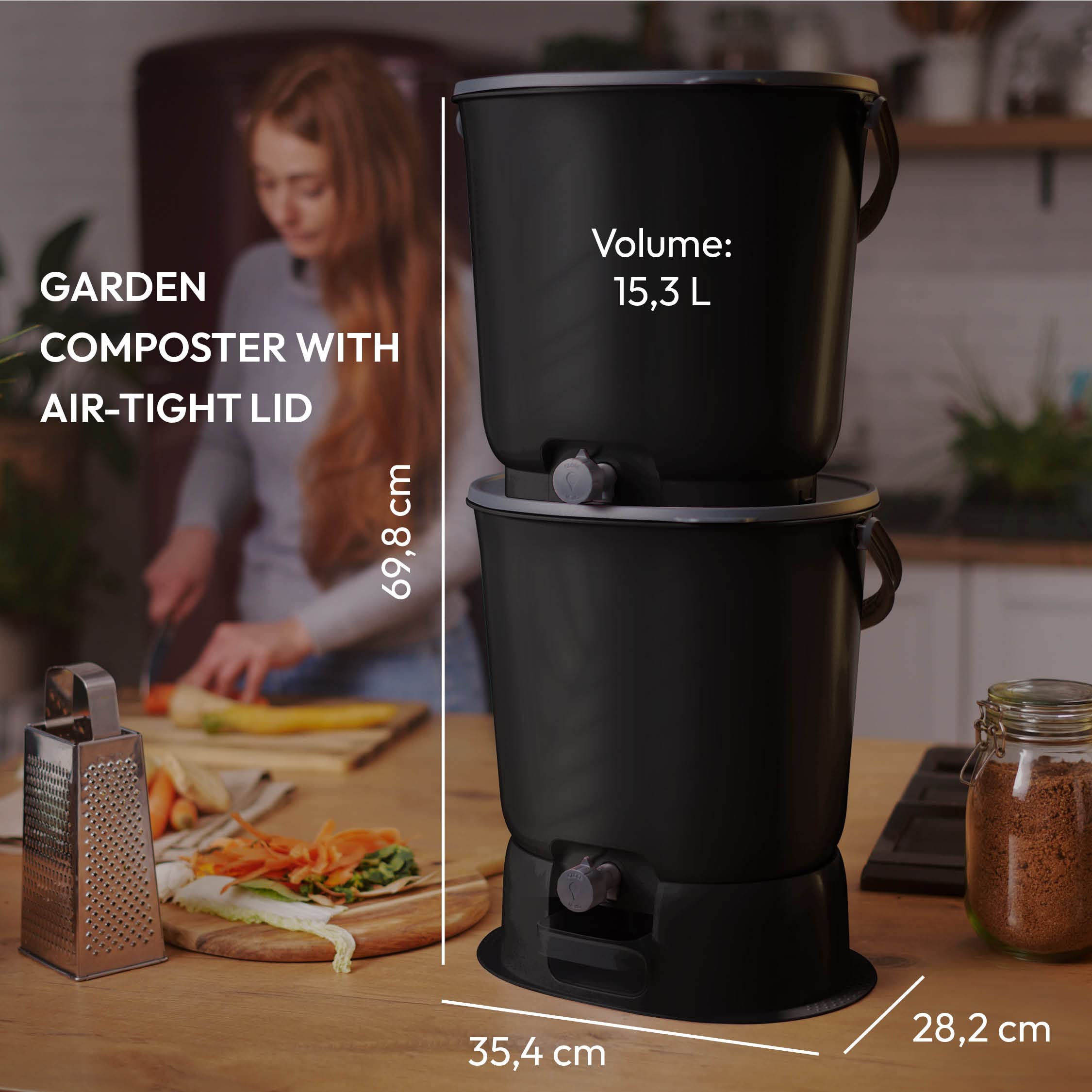 Skaza Bokashi Essential Composteur de Cuisine 2X 15,3 L, Noir