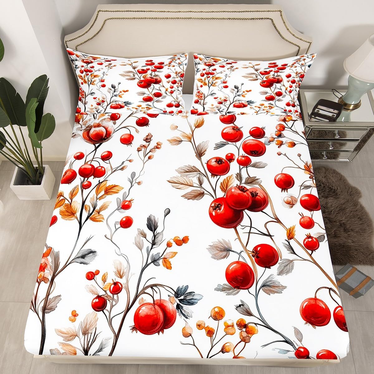 Erosebridal Red Fruit Fitted Sheet Full Size,Geometric Raspberry Sheets for Room Decor,Ombre Succulent Botanical Bed Sheets,Watercolor Pastel Bedding Set 3Pcs(1 Fitted Sheet,2 Pillowcases)