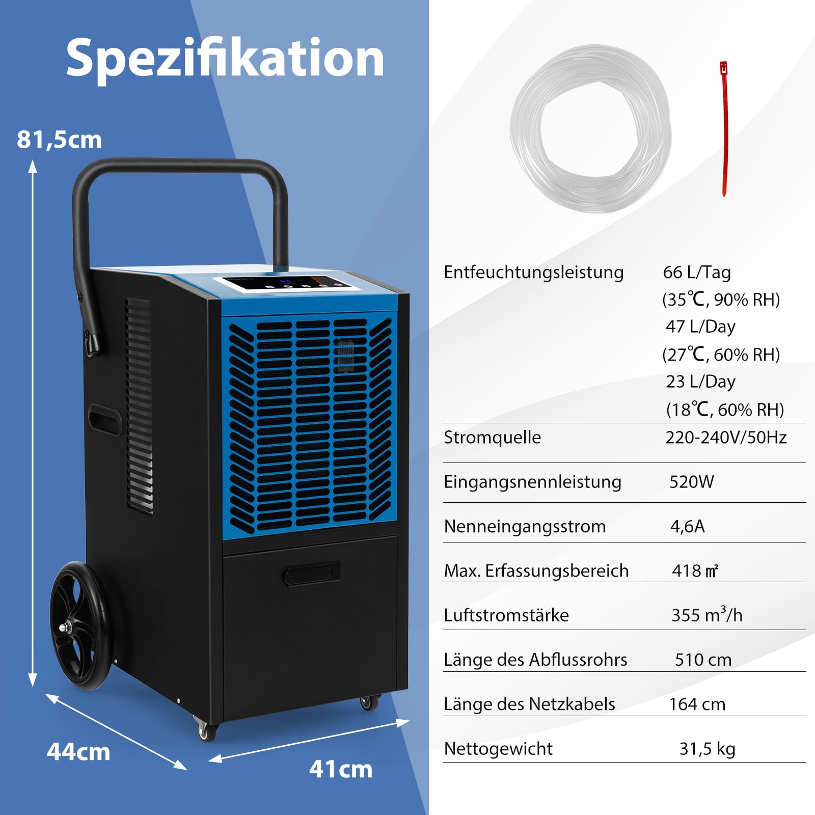 SOARS Deumidificatore Elettrico 66L/Giorno, Deumidificatore Professionale con Pompa di Scarico Automatica, Tubo di Scarico, Filtro Rimovibile, per Cantine, Magazzini, Scantinati (Nero+Blu)