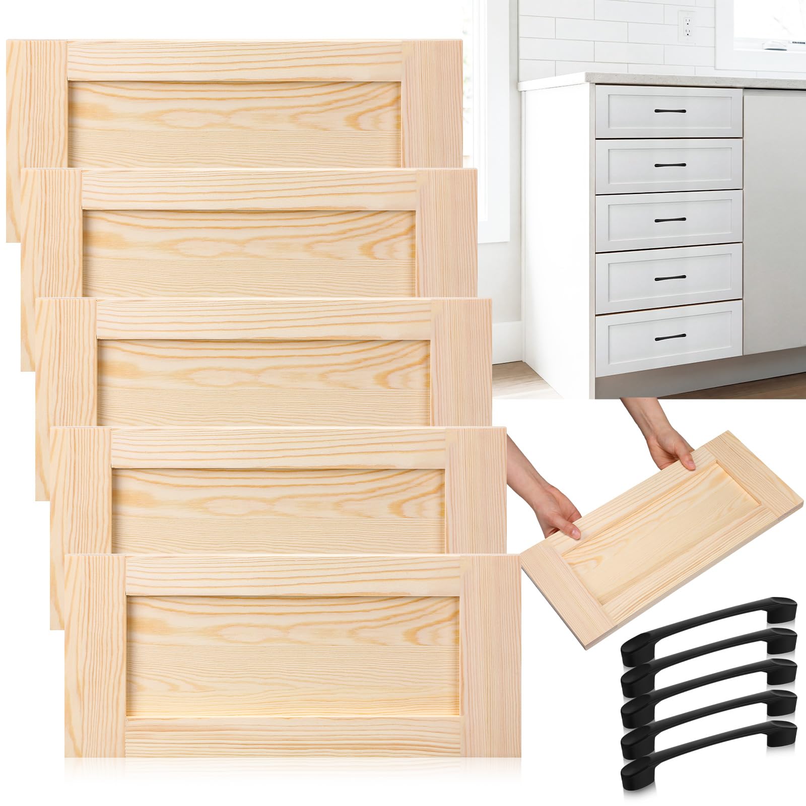 Photo 1 of Sintuff 5 Pcs Unfinished Wood Cabinet Drawer Front Replacement, Solid Wood Drawer Front for Kitchen Cabinets, Bathroom Vanities, Closets, Ready to Paint or Stain(18 x 8 Inches)