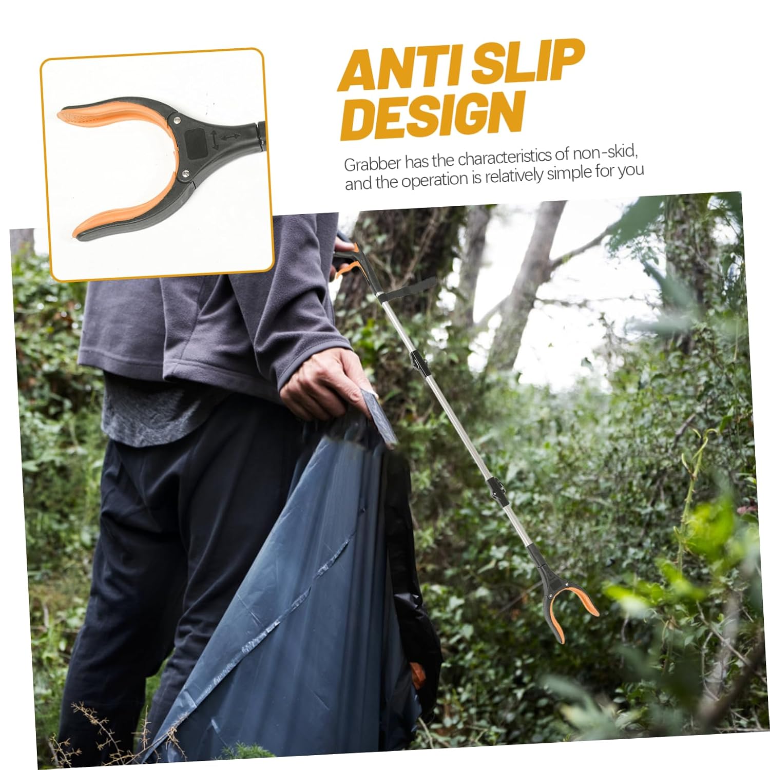 Foldable Three Section Trash Picker Aluminum Alloy PP Orange