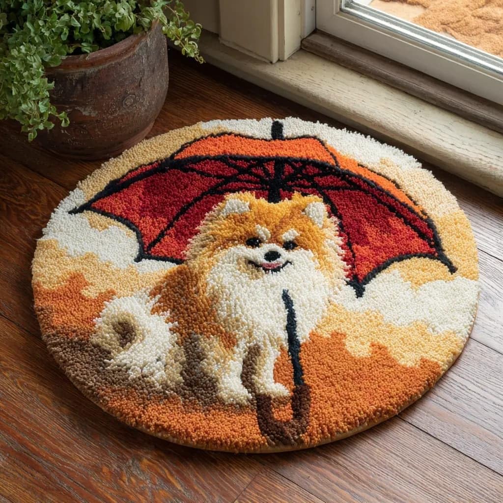 Round Latch Hook Rug Kits Pomeranian For Adults And Starter 50*50Cm