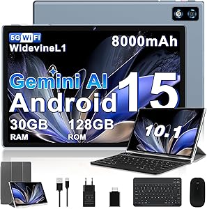 2026 Latest Tablet 10 Inch Android 15 with Gemini AI, 30GB RAM + 128GB ROM, Octa-Core 2.0GHZ, 8000mAh, GMS, Widevine L1, GPS, OTG, 5G WiFi 6 & BT 5.0, Tablet Keyboard and Mouse-Grey