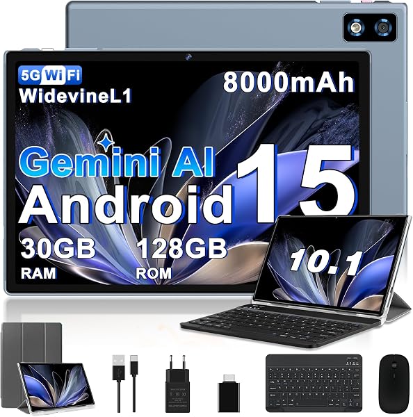 2026 último Tablet 10 Pulgadas Android 15 con Gemini AI, 30GB RAM + 128GB ROM, Octa-Core 2.0GHZ, 8000mAh, GMS, Widevine L1, GPS, OTG,5G WiFi 6 & BT 5.0,Tablet Teclado y Raton-Gris - 1