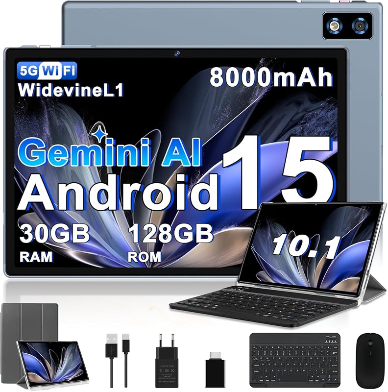 2026 último Tablet 10 Pulgadas Android 15 con Gemini AI, 30GB RAM + 128GB ROM, Octa-Core 2.0GHZ, 8000mAh, GMS, Widevine L1, GPS, OTG,5G WiFi 6 & BT 5.0,Tablet Teclado y Raton-Gris