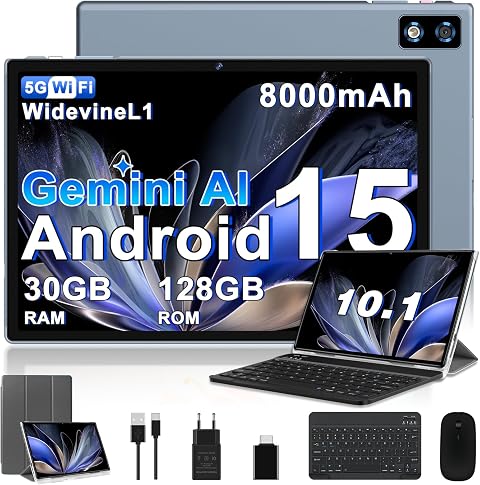 2026 Tablet 10 pollici Android 15 Gemini AI, 30 GB RAM + 128 GB ROM (TF 2TB) | 8000 mAh | octa-core | Widevine L1 | 5 + 8 MP | 1280 * 800 pixel | GMS, GPS, 5G Wi-Fi 6, BT 5.0, Tablet 2-in-1-Grigio