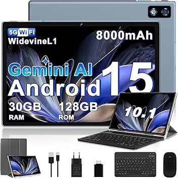 2026 último Tablet 10 Pulgadas Android 15 con Gemini AI, 30GB RAM + 128GB ROM, Octa-Core 2.0GHZ, 8000mAh, GMS, Widevine L1, GPS, OTG,5G WiFi 6 & BT 5.0,Tablet Teclado y Raton-Gris