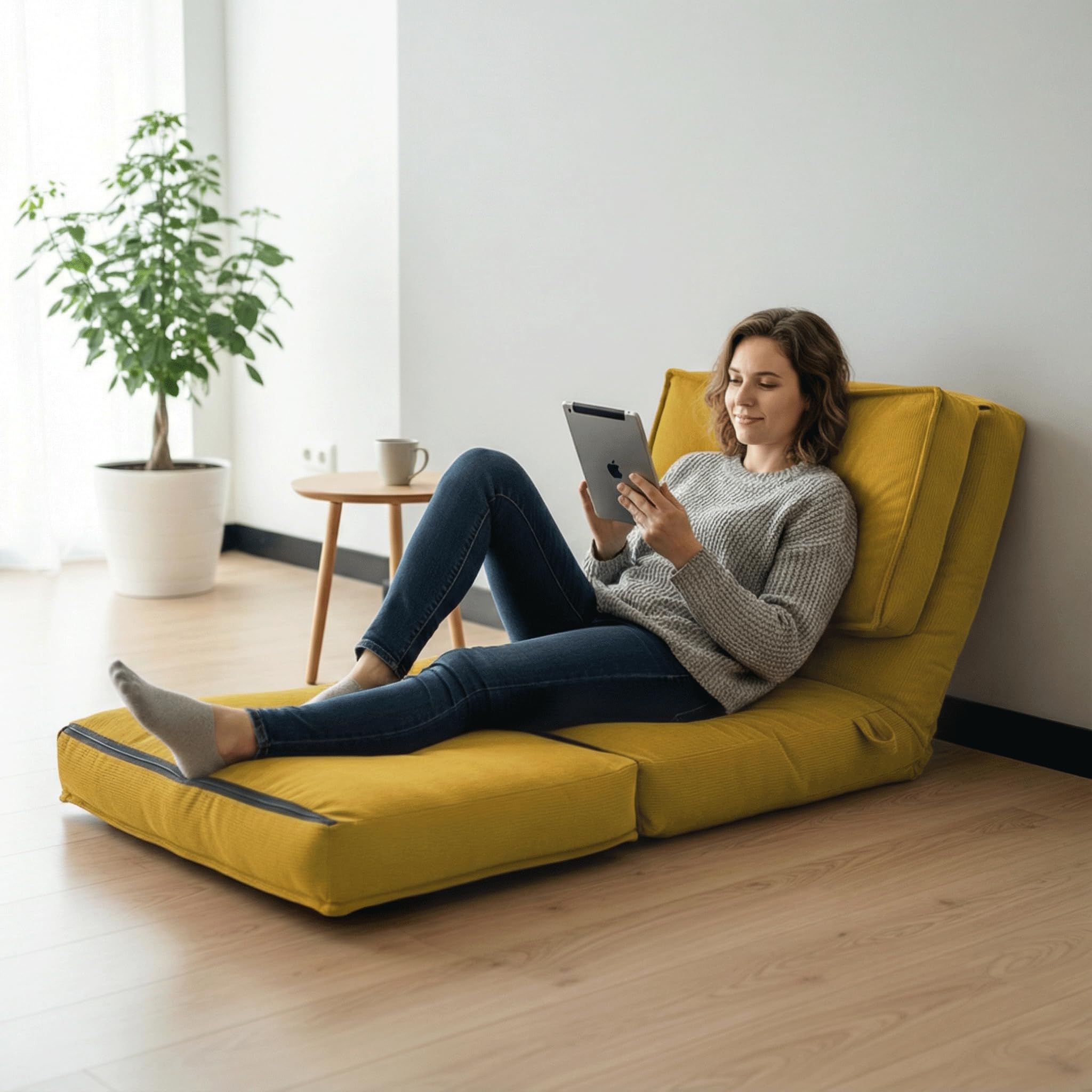 Fabulcozy Poltrona Letto 4-in-1, Schienale Regolabile 5 Posizioni in Velluto a Coste, Struttura in Ferro, Maniglia e Cinghie, Poltrona Multiuso per Soggiorno, Ufficio,Giallo