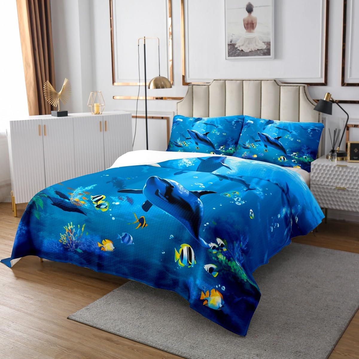 Feelyou Dolphin Coverlet Set Kids Blue Ocean Marine Themed Sea Creatures Bedspread Boys Girls Sea Animal Print Decor Quilted Coverlet Microfiber Summer Holiday Quilted Bedroom Queen Size