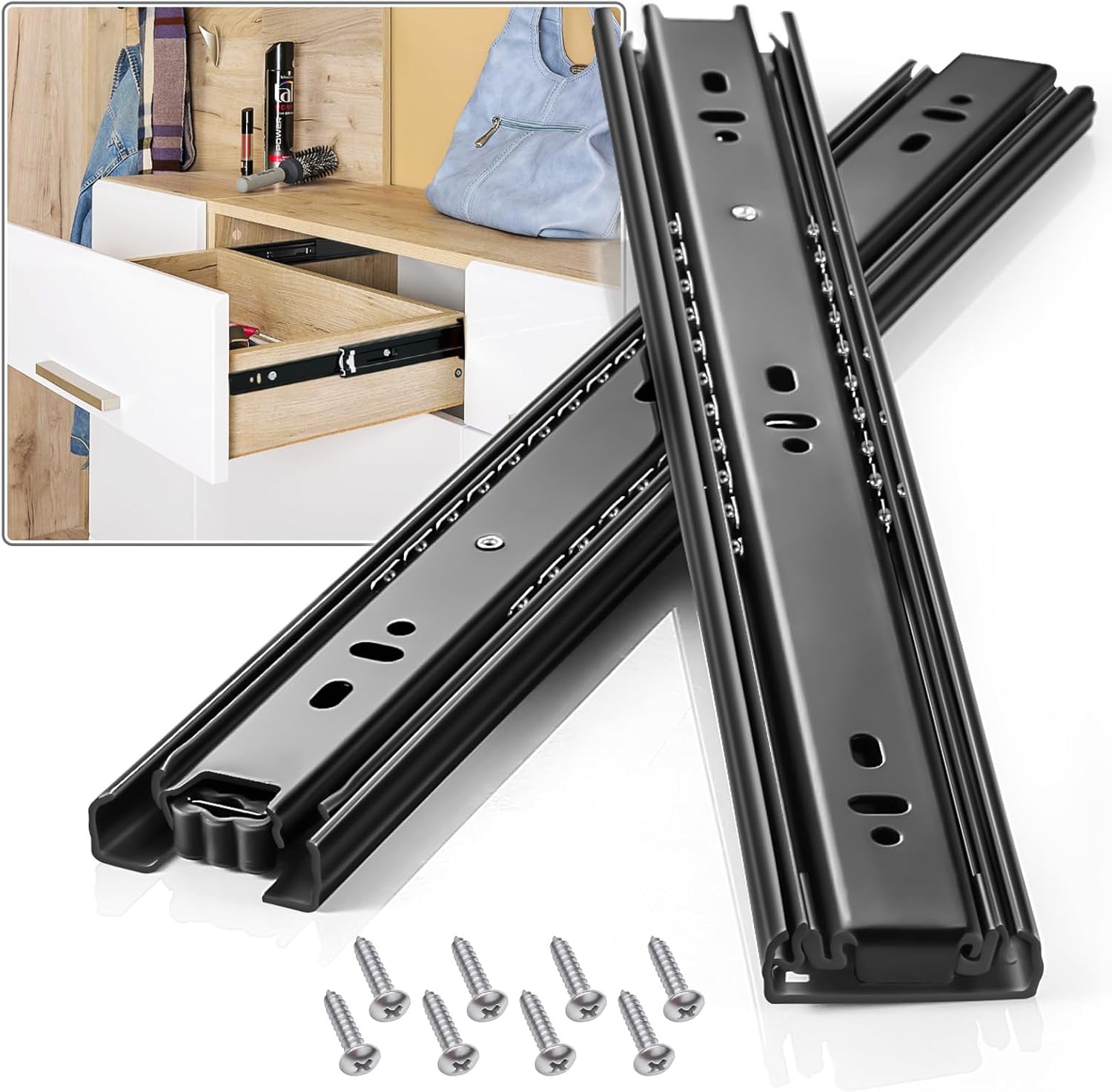 Drawer Slides 1 Pair Full Extension 10 12 14 16 18 20 22 24 inch Side Mount Rails Dresser Cabinet Bracket Replacement Ball Bearing Tracks Guide Metal Runner 100 LB (Basic-1 Pair, 22 Inch) 22 Inch Basic-1 pair
