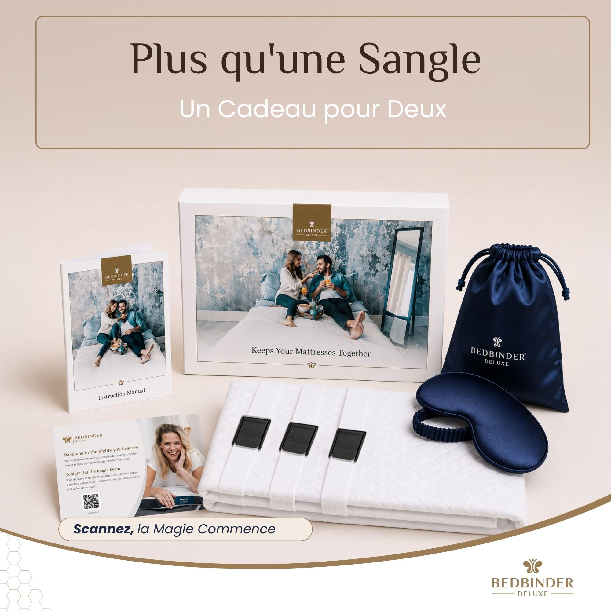 Bedbinder Deluxe Pont de Lit et Sangle Matelas Anti-Glissement pour 2 Lits | Cale Matelas et Connecteur pour Relier Deux Matelas en Un Lit Double, Compatible Lit Électrique Réglable, Sans Trou ni Bosse