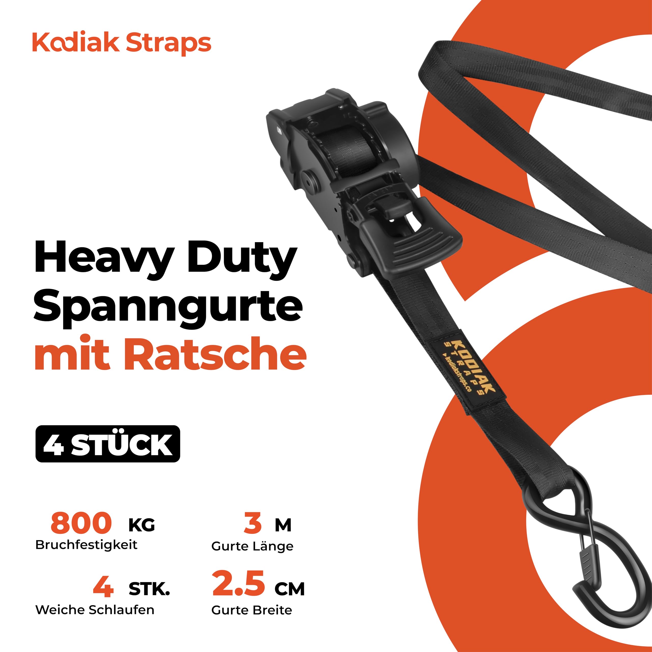 Automatik Spanngurte 25mm 3m mit S Haken | 800KG Selbstaufrollend Spanngurte mit Ratsche | Zurrgurte mit Ratsche für LKW Anhänger, Motorrad, Fahrrad | Schwarz - 4 Stück