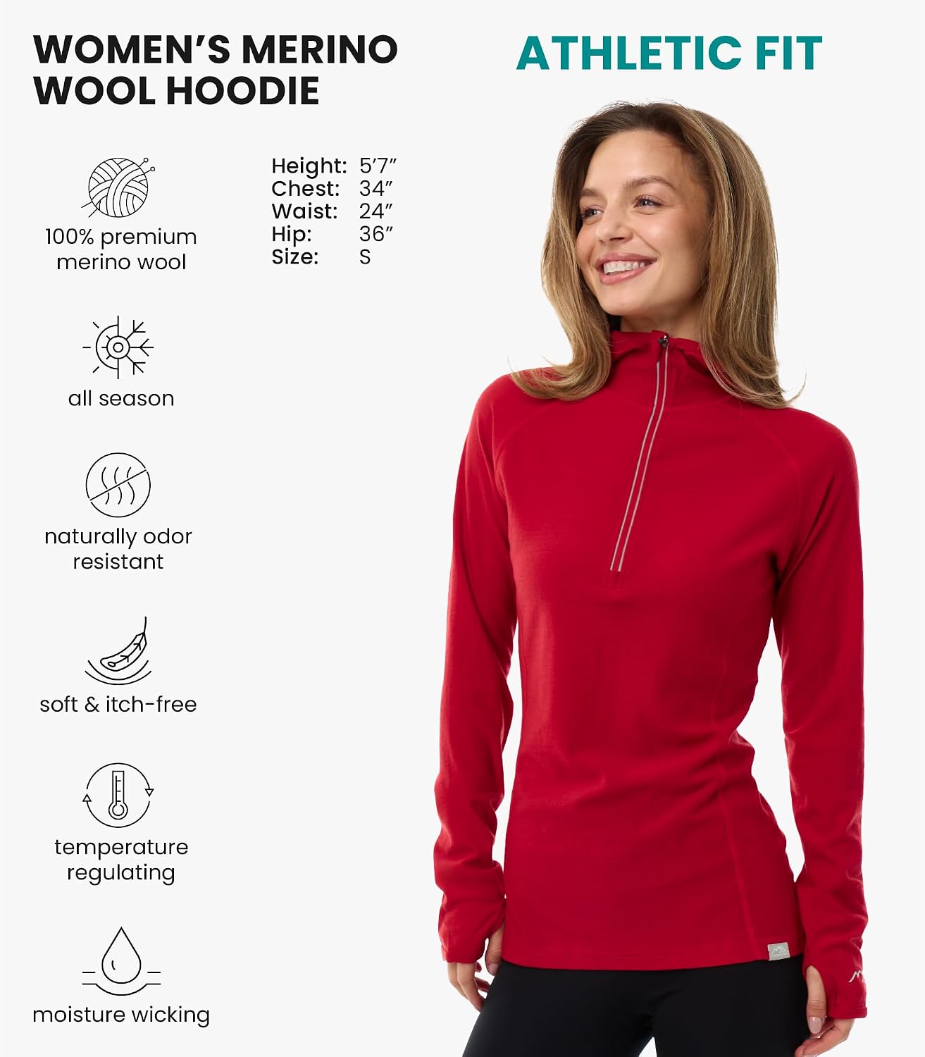100% Merino Wool Hoodie Women - Slim Fit Quarter Zip Thermal Base Layer (X-Large, 190 Cherry Red)
