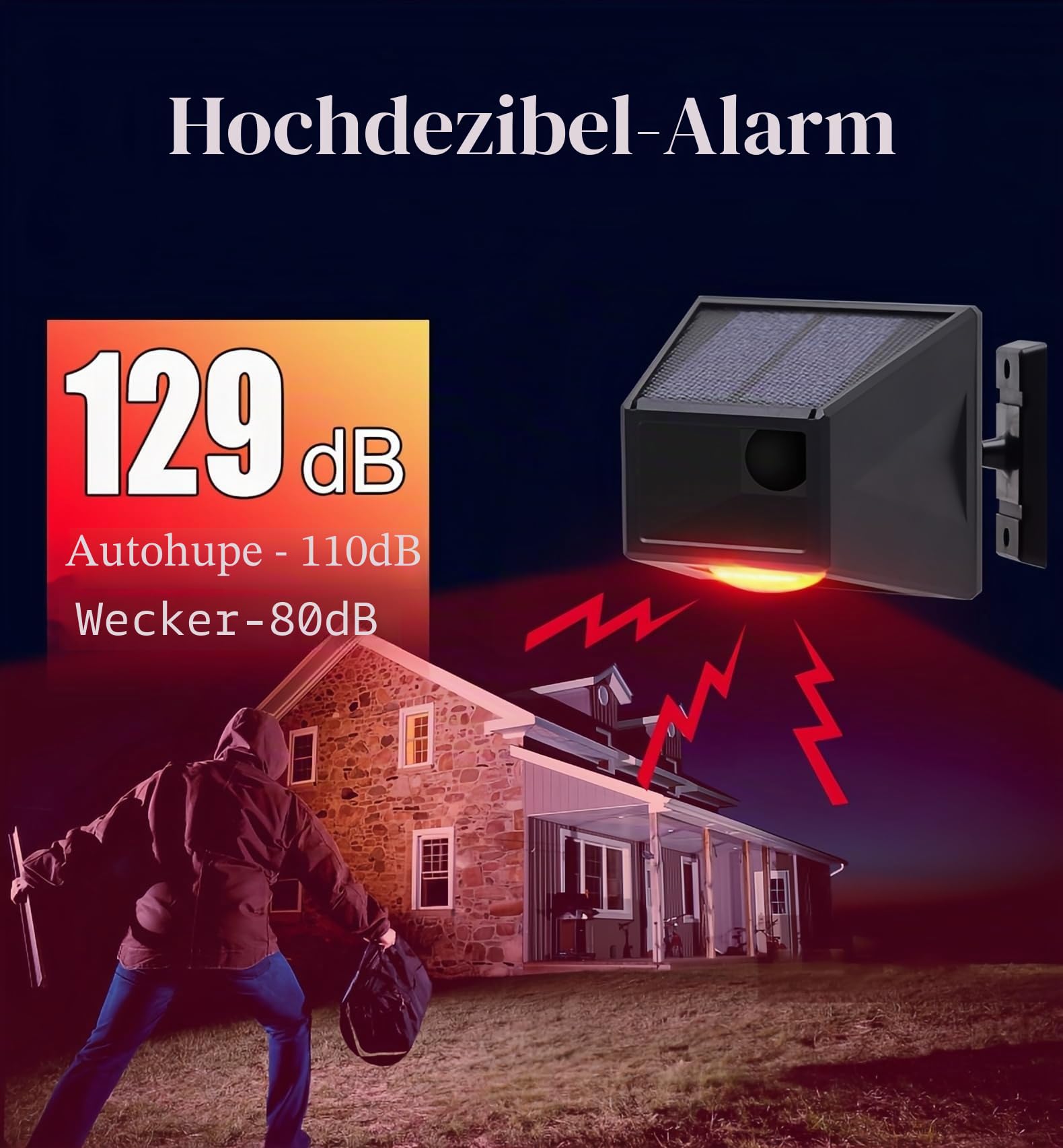 2-Pack-Solaralarm-Bewegungssensor im Freien frei drehbar IP65 wasserdichtes 129db lautes Sirene-Lampe-Strobe-Licht mit Fernbedienung für Obstgarten-Farm-Scheune