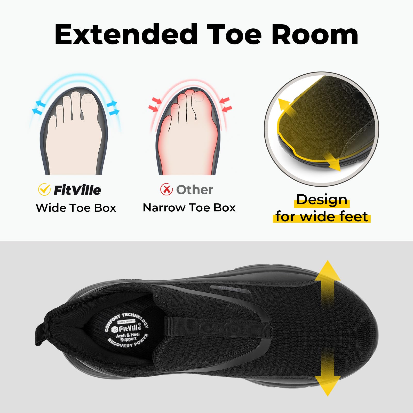 FitVille Slip On Walkingschuhe Herren Extra Weit Schlupfschuhe Leichte Slipper Sportschuhe Sneaker Bequeme Turnschuhe StepEase V2