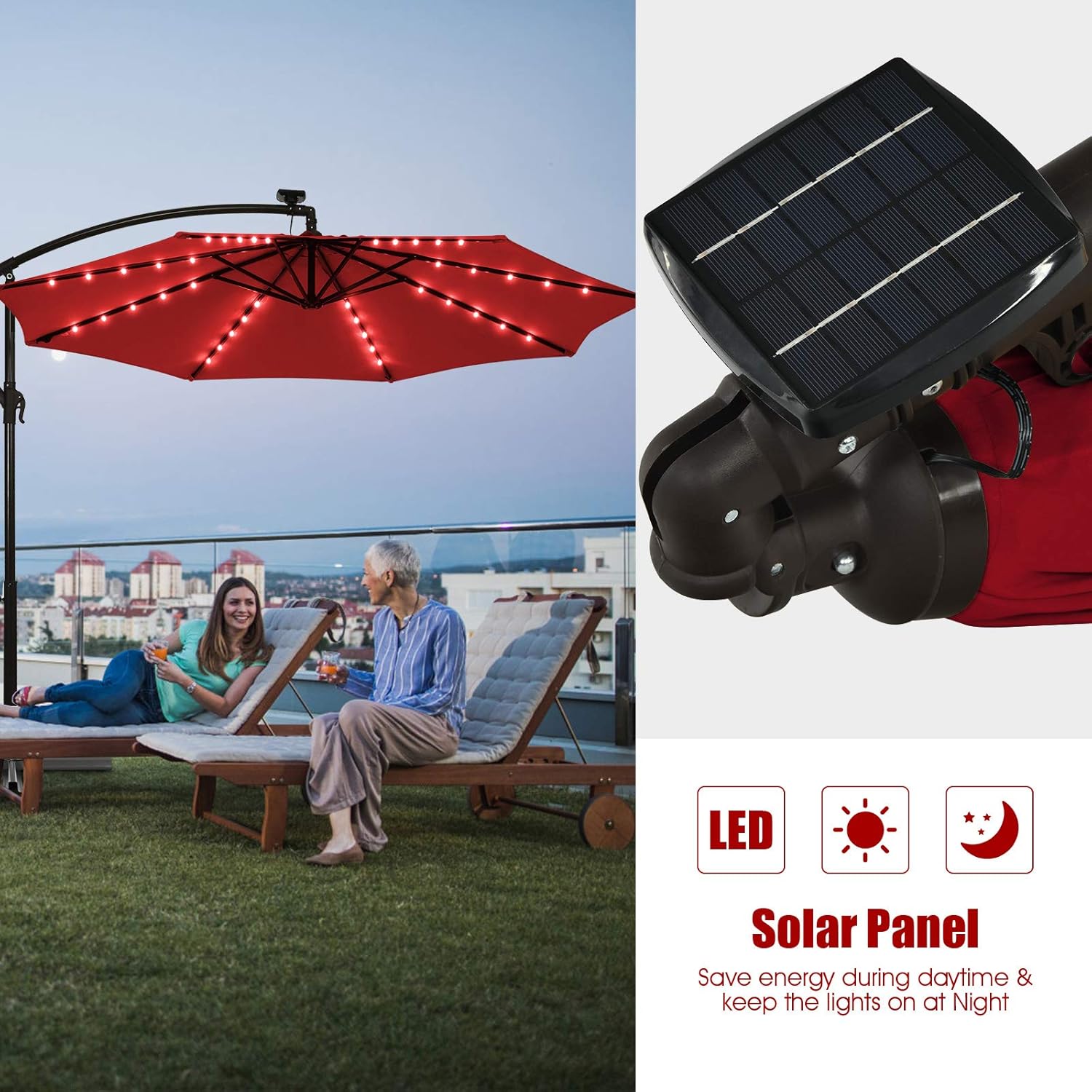 Tangkula 10 Ft Patio Offset Umbrella, 40 LED Lighted Market Umbrella W/8 Sturdy Ribs, Easy Tilt Adjustment & Crank, Polyester Shade, Ideal for Backyard, Garden, Seaside, Store, Pool (Burgundy)