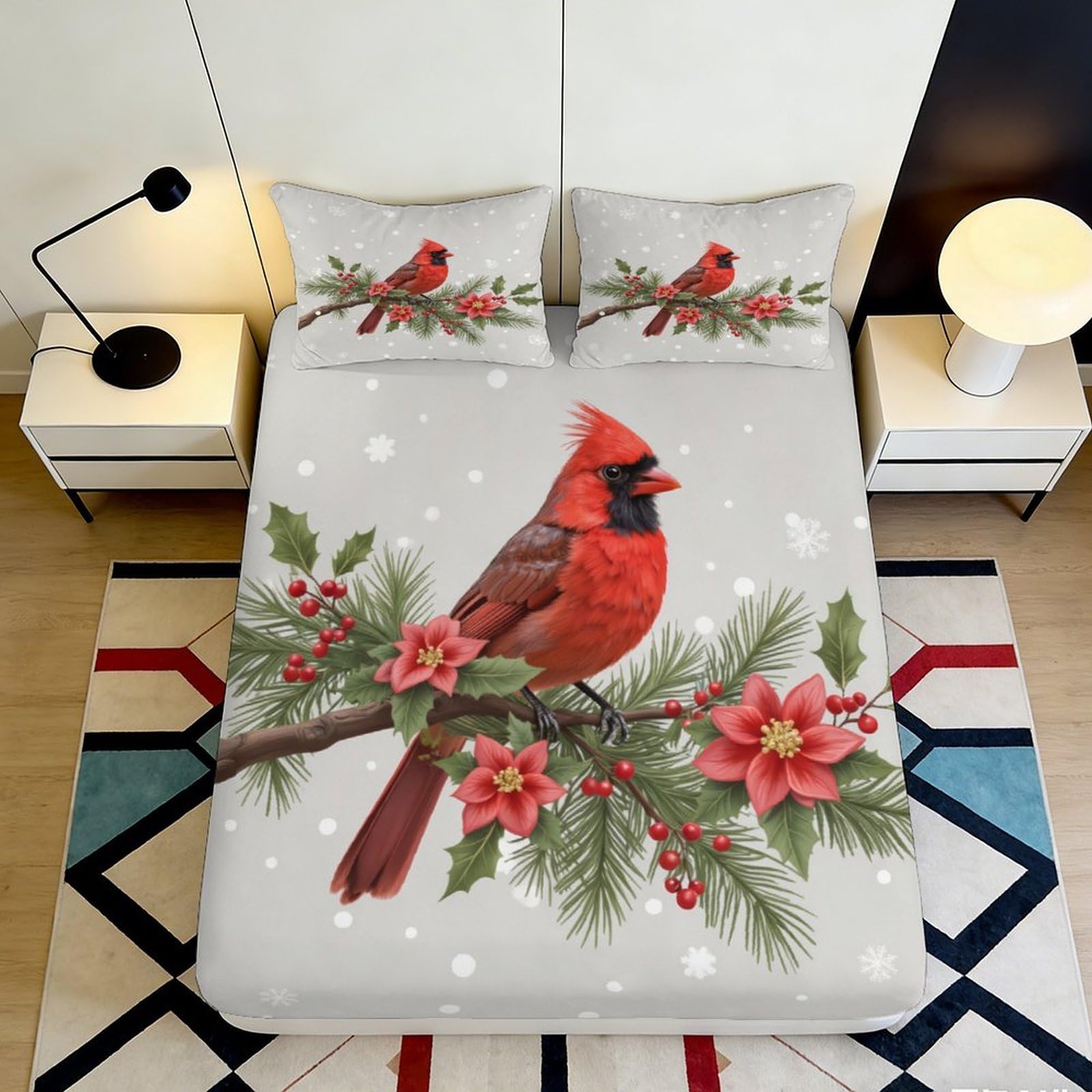Decorative Cardinal Bird Fitted Sheet 3D Printed, Microfiber Soft Touch, Bed Cover for Bedroom Guest Room, Wrinkle Resistant, Apartment Bedding, 115 90x200x25cm