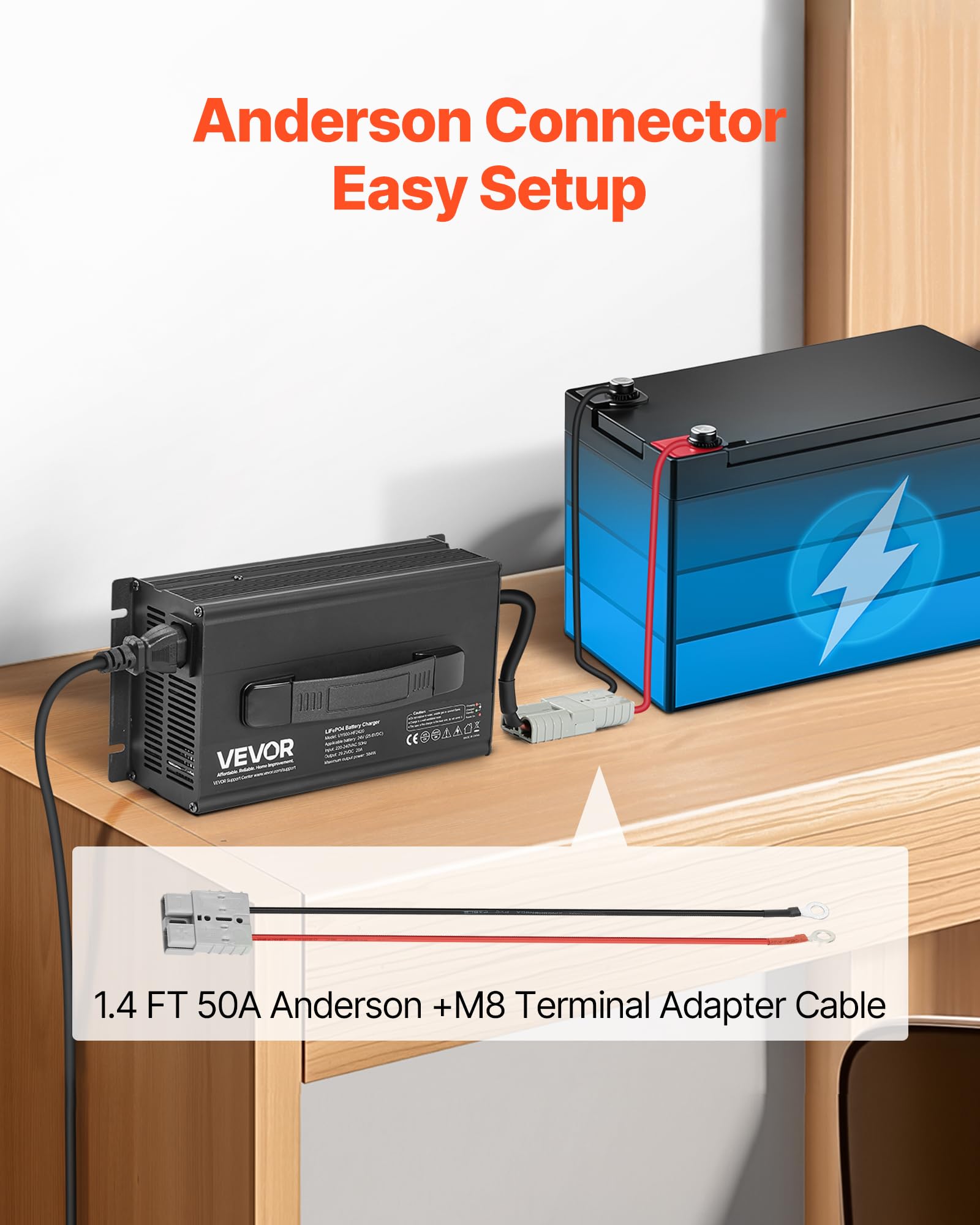 VEVOR Caricabatterie per Batterie al Litio 24V 20A, 29,2V, AC-DC LiFePO4 con Connettore Anderson, Indicatore LED, Attivazione 0 per Batterie Ricaricabili al Litio LiFePO4 per Barche Camper