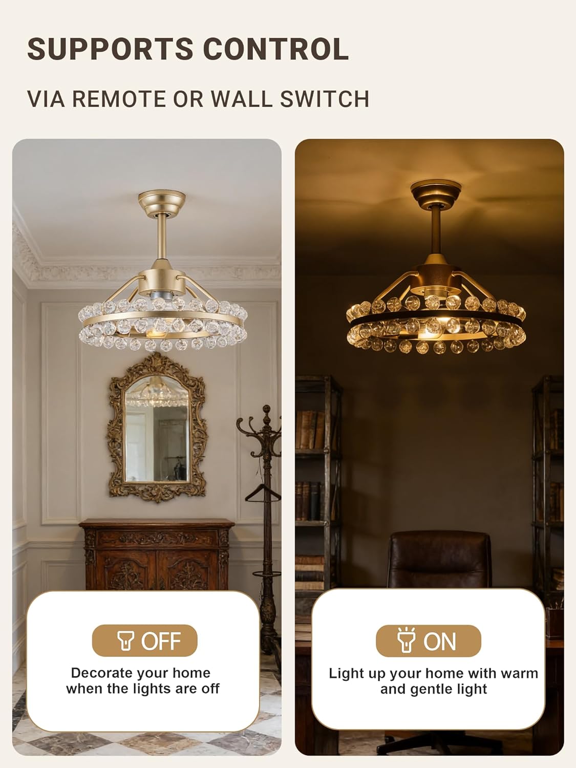 20in Gold Fandelier Ceiling Fan with Light and Remote,Crystal Mid-Century Modern Ceiling Fan with 6-Speed Reversible Airflow for Living Room,Dining Room,Bedroom