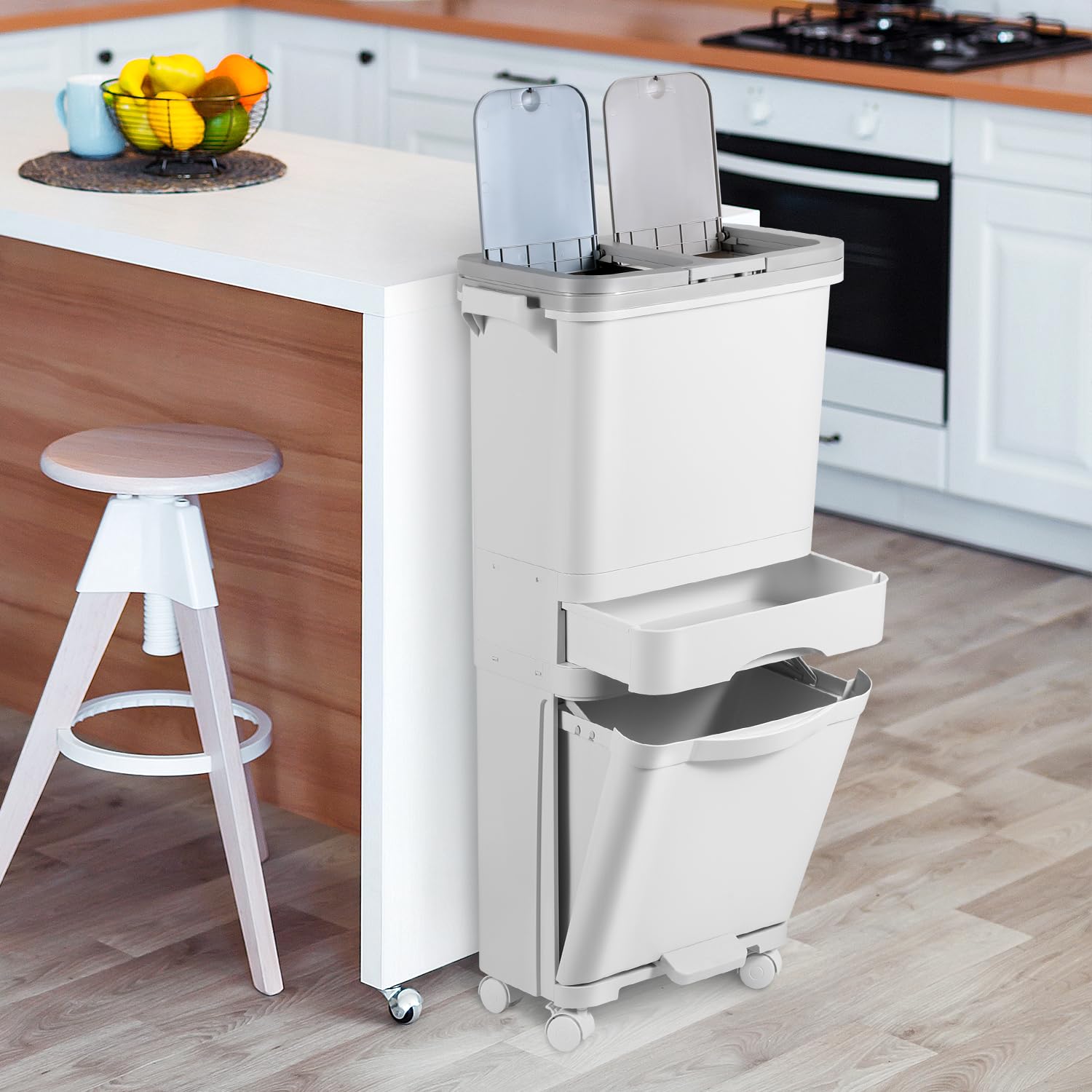 Pattumiera da cucina a 3 scomparti, 42L, separazione umido e secco, coperchio doppio, pedale, ruote, bianco