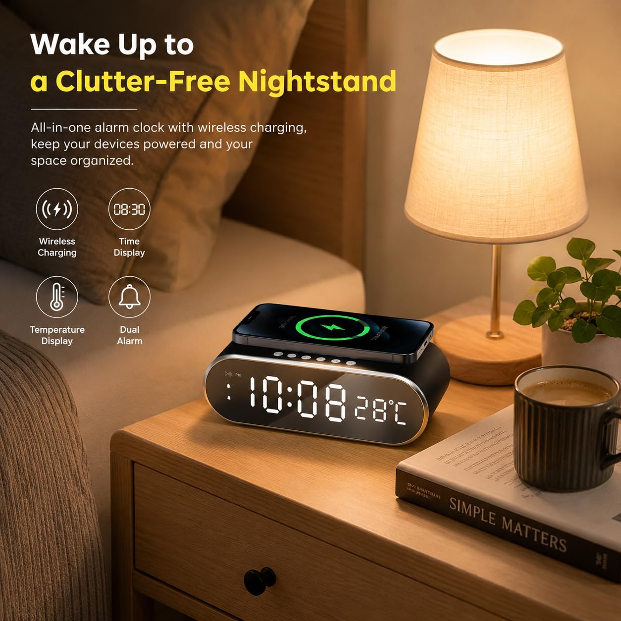 Sveglia per camere da letto con caricabatterie per telefono, piccolo orologio digitale da tavolo con visualizzazione della temperatura, sveglia con stazione di ricarica wireless, sveglia carina con