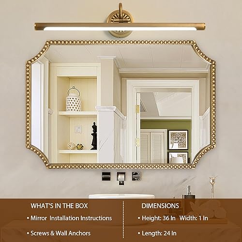 Miniatura 2 de Espejo de pared de 24 x 36 pulgadas, espejo decorativo rectangular de esquinas festoneadas, marco de cuentas de metal, decoración de pared para