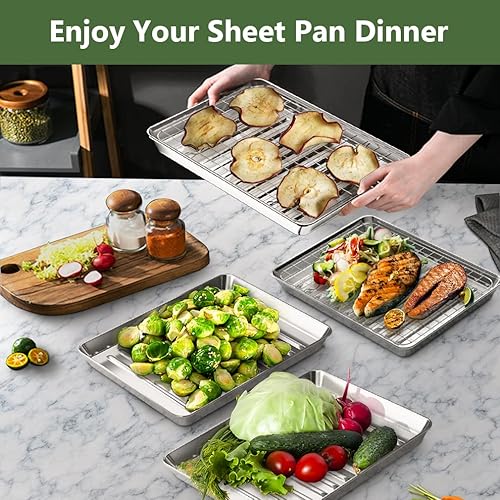 Miniatura 6 de ROTTAY Juego de bandejas para hornear pequeñas con rejilla de alambre [2 bandejas + 2 rejillas], hojas de galletas de acero inoxidable de 1/8
