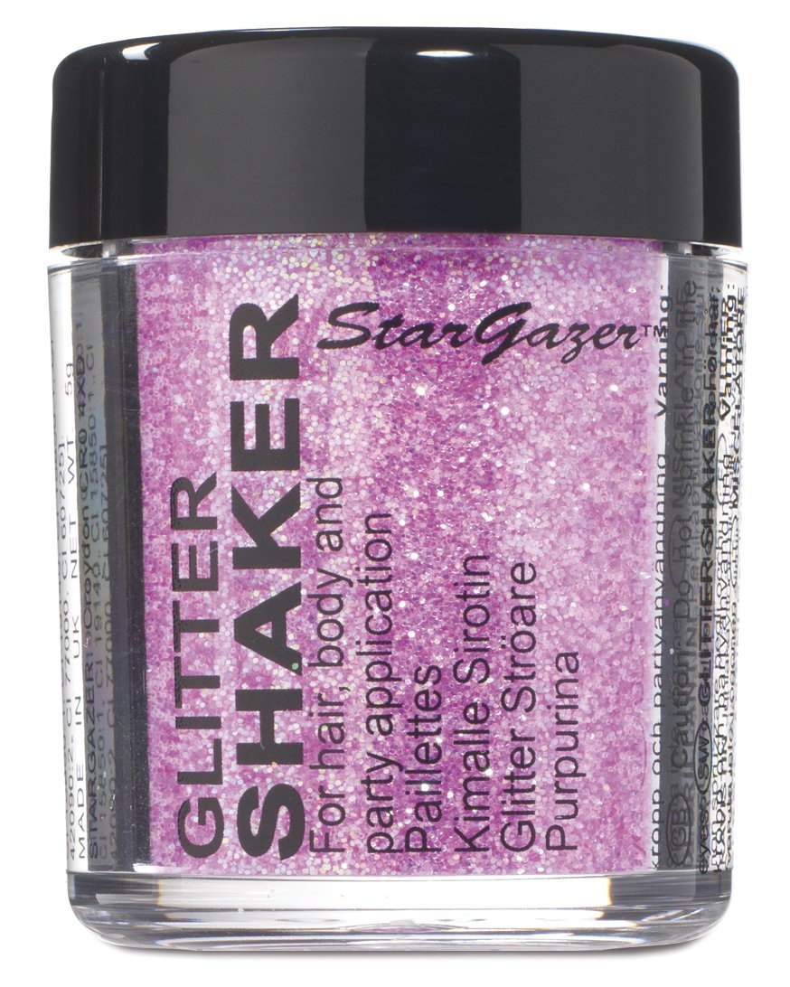 Stargazer Pastel Glitter Shaker, Lilac. Cosmetic glitter powder for use on the eyes, lips, face, body, hair and nails.