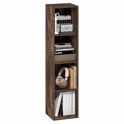 Furinno Fulda Book Shelf, 4-Tier Narrow Bookshelf, Standing Bookcase with 10-in Width Storage Shelf, 9.3 x 9.8 x 41.6, for Organization and Storage, for Living Room, Bedroom, Home Office, Amber Pine