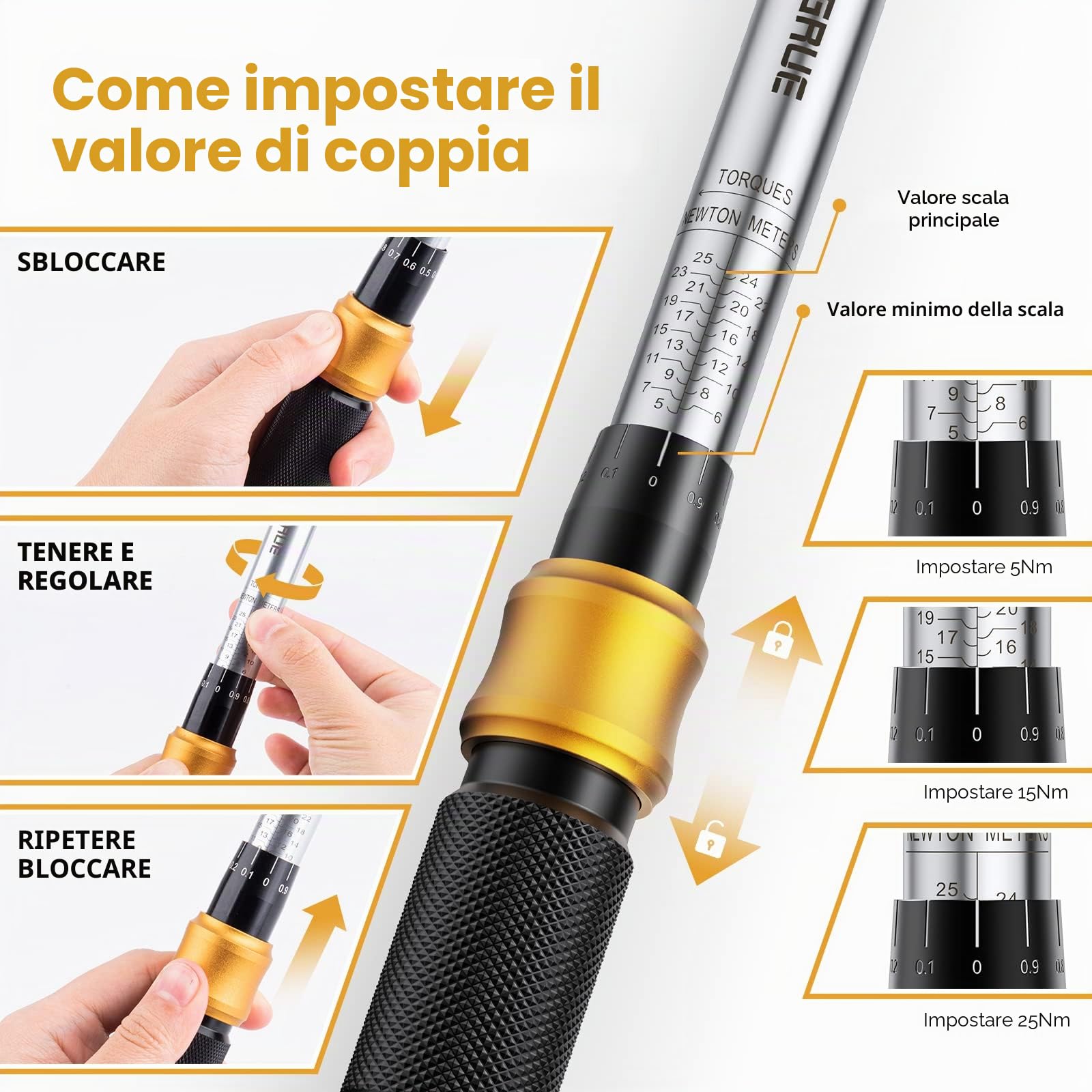 VIGRUE Chiave dinamometrica per bicicletta, chiave dinamometrica da 1/4", 5-25 Nm ± 4%, precisione di errore con asta di prolunga, giunto universale, manicotto magnetico per candela, punte per