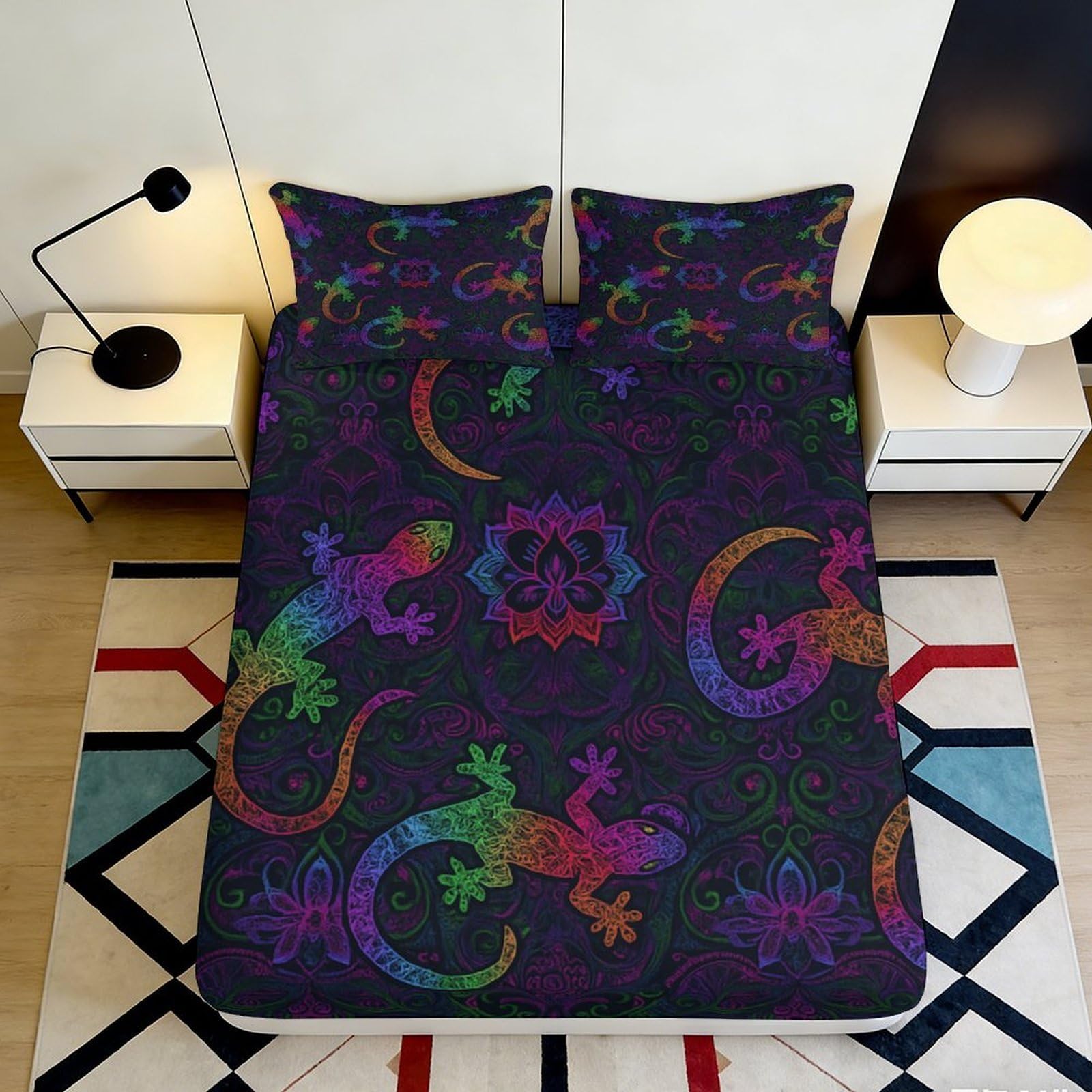 3D Printed Colorful Lizard Fitted Sheet Microfiber Soft Breathable Gecko Mattress Cover for Bedroom Dorm Mattress Protection Decor 90x200x25cm