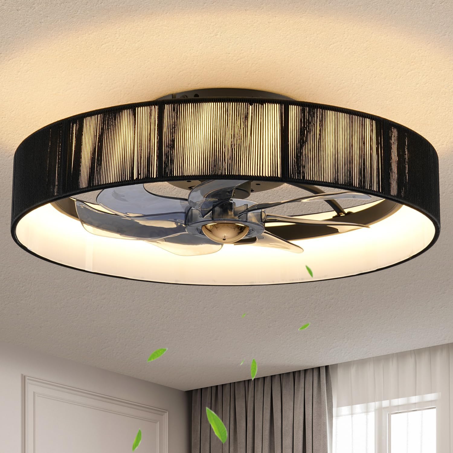 19.6'' Farmhouse Dimmable Ceiling Fan with Lights and Remote Control,Flush Mount Boho Ceiling Fan with Light,chandelier with fabric shades,LED Light 3 Color Temperatures 6-Speed Timer for Bedroom