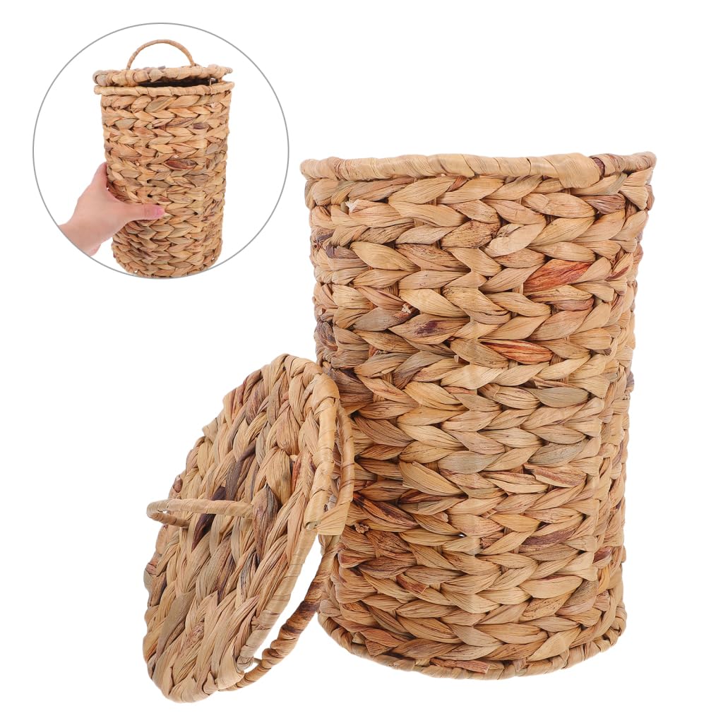 Cesto de Basura Tejido de Hierba Calabaza con Tapa, Estilo Rústico | Mimbre, Papelera de Escritorio, Uso en Salón, Diseño Decorativo y Artesanal