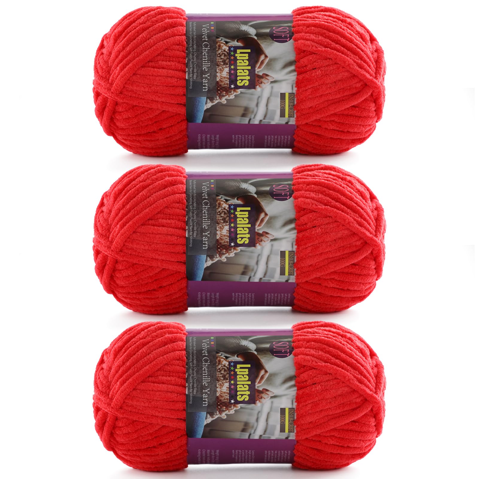 chunky chenille yarn for crocheting - 3x100g/3.5oz baby blanket yarn for crocheting soft - 262 yards fluffy thick plush yarns for knitting blankets amigurumi (3, red)