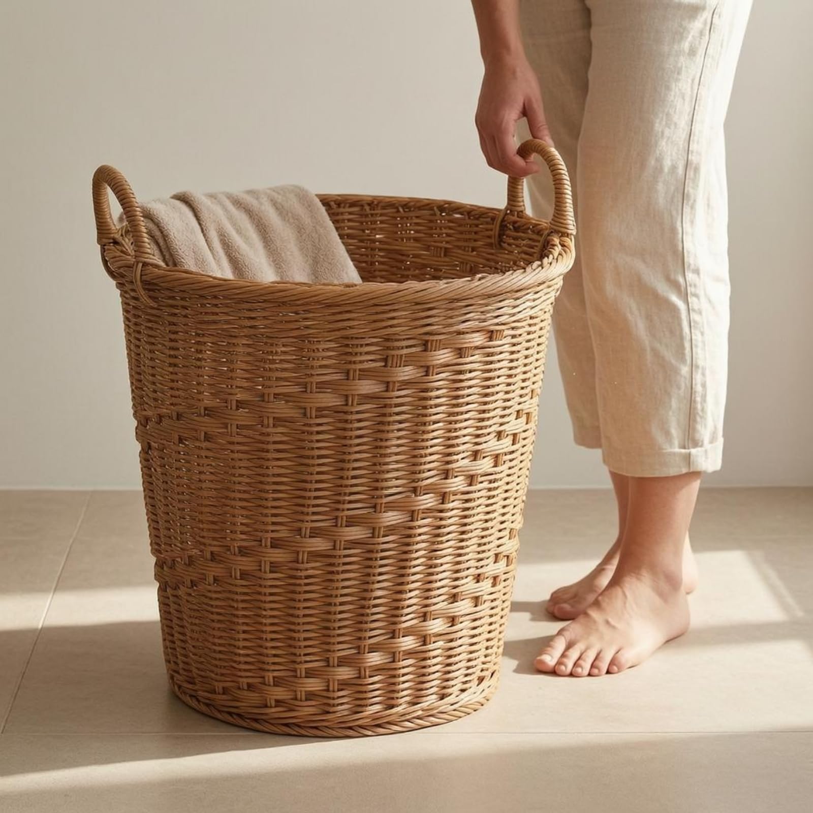 kowaku Cesto Portabiancheria Cesto Lavanderia Cesto Rotondo Cesto Intrecciato Cestino Portaoggetti in Rattan Sintetico con, Marrone, Twill, 40x40cm, Con Anello In Acciaio Verniciato A Forno