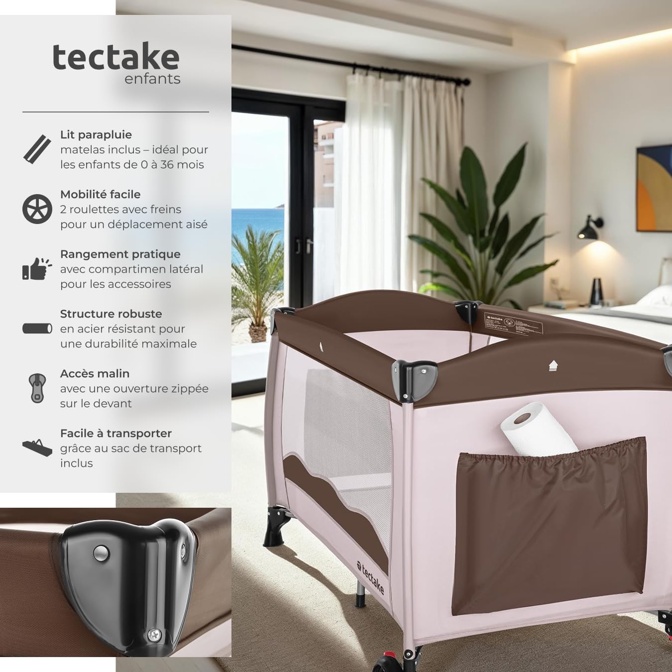 tectake® Lit Parapluie Pliable Lit Bébé Voyage léger sur roulettes avec Sac de Transport, Mobilier Enfant idéal pour Maison ou Voyage Equipement Bebe Parc Bebe