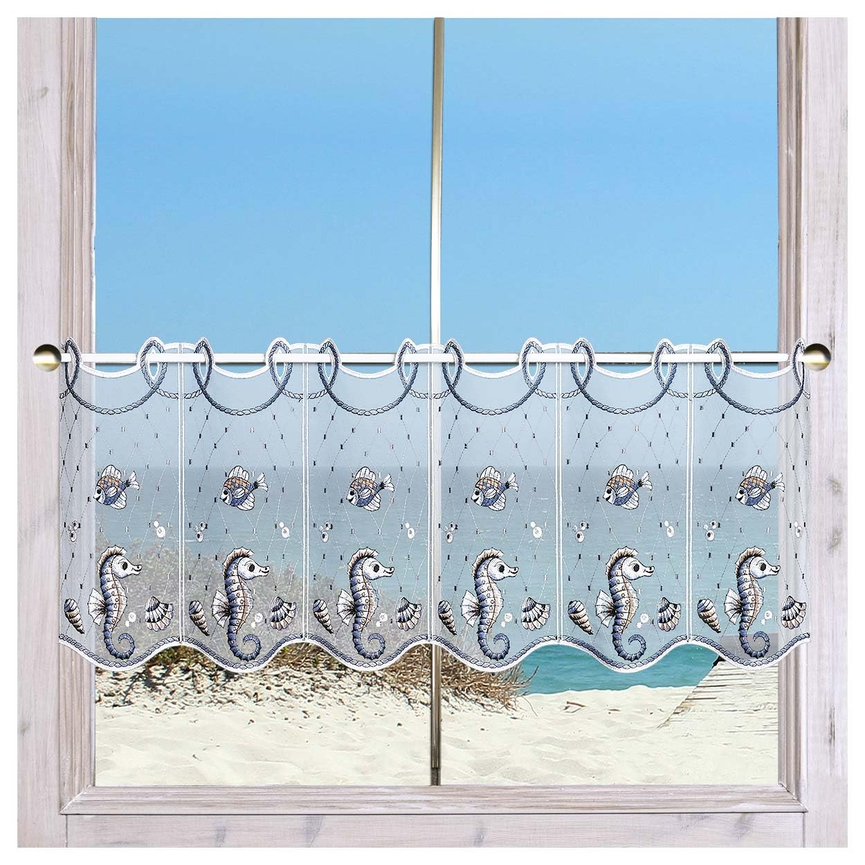 Maritime Scheibengardine Meereszauber Seepferdchen und Fische | Zauberhaftes Unterwasser-Flair als Fensterdekoration für Zuhause | Vogtländische Spitzenstickerei auf Sablé Höhe x Breite 55 x 112 cm