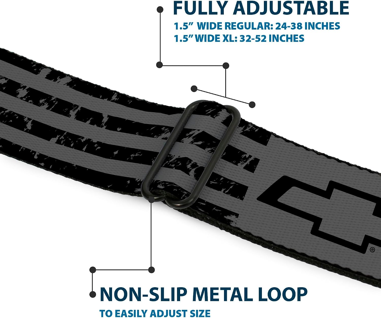 GM General Motors Belt, Seatbelt Buckle Belt, Chevrolet Bowtie Americana Stripes Weathered Gray Black, Adjustable