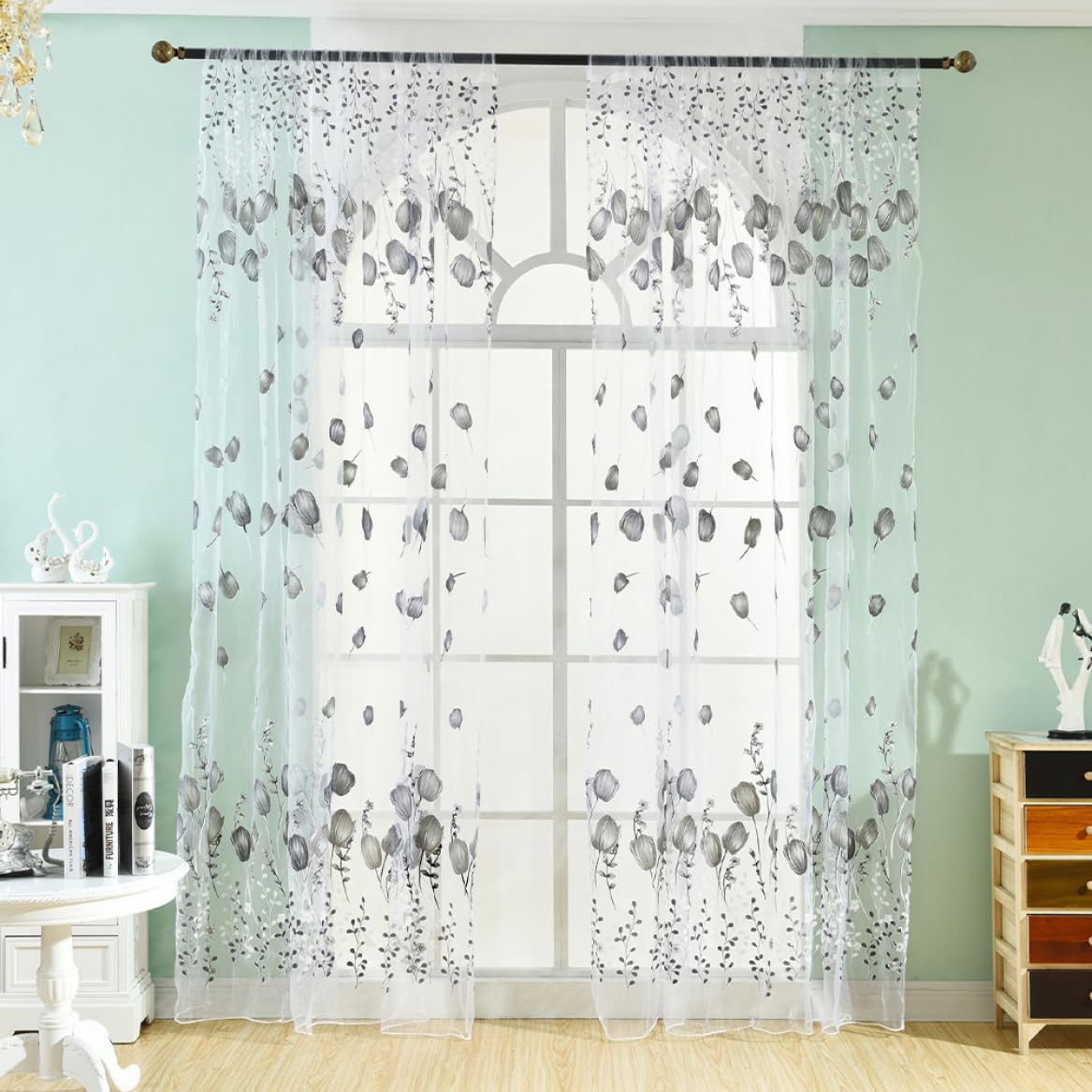 Hperu Sheer Voile Window Curtains, Tulle Printed Curtains for Living Room Bedroom Home Decoration, Black White 100 * 200cm Light Filtering Sheer Voile