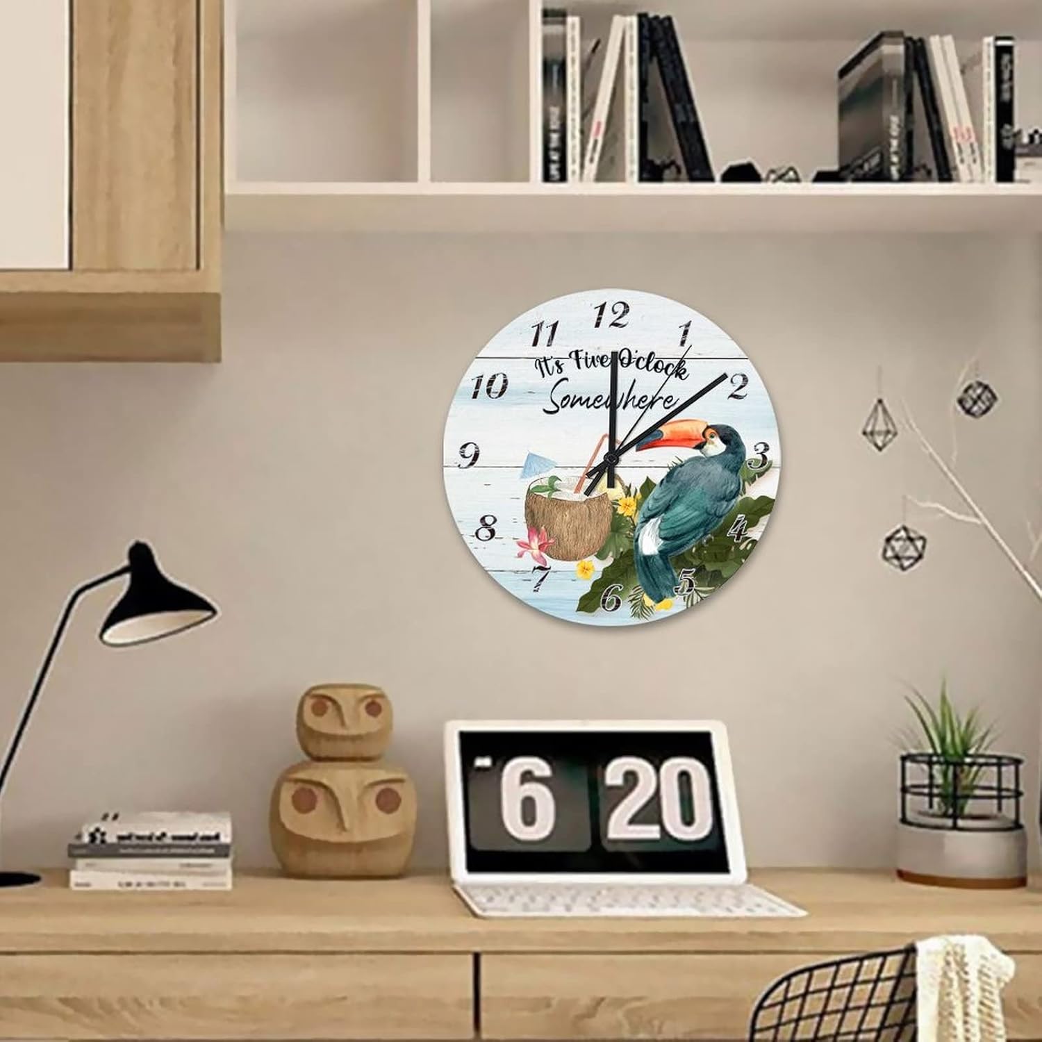 It's 5 O'Clock Somewhere Parrot Wall Clock 12 Inch Tiki Decor for Outside Patio Wooden Hanging Clock Battery Operated Round Clock for Home Office